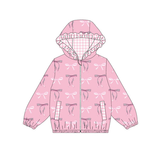 ( Moq 5 ) Girls Kids Bows Pockets Zipper Plaid Hoodie Pink Coat Tops