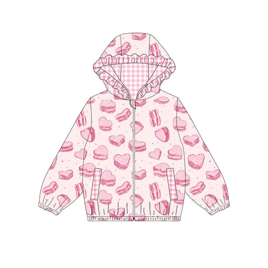 ( Moq 5 ) Girls Kids Hearts Cakes Pockets Zipper Pink Plaid Hoodie Coat Tops