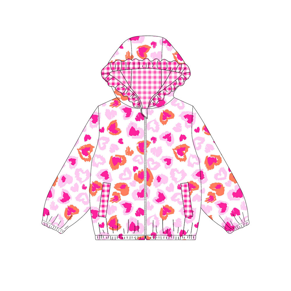 ( Moq 5 ) Girls Kids Hearts Pockets Zipper Pink Plaid Hoodie Coat Tops