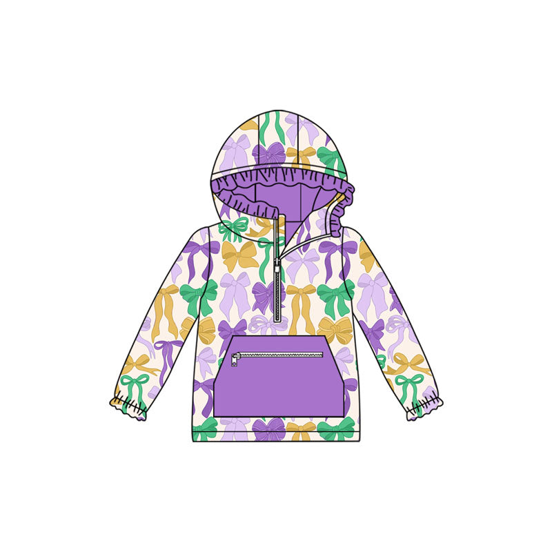 ( Moq 5 ) Preorder Girls Kids Bows Zipper Pocket Hoodie Mardi Gras Pullover Shirt