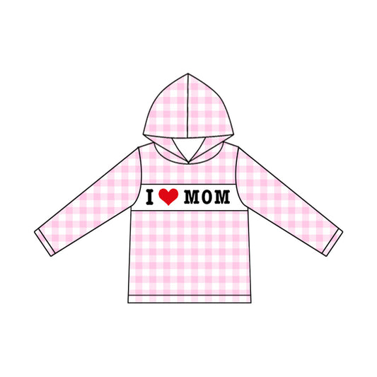 ( Moq 5 ) Preorder Kids Girls Long Sleeves I Love MOM Pink Plaid Hoodie Pullover Shirt