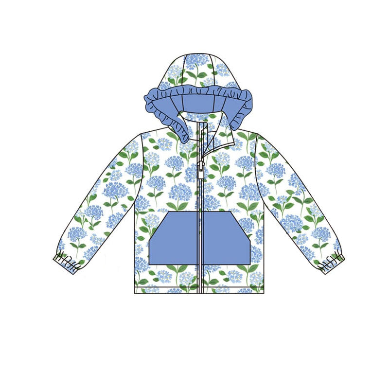( Moq 5 ) Preorder Girls Kids Long Sleeves Blue Flower Hoodie Zipper Pockets Cardigan Tops