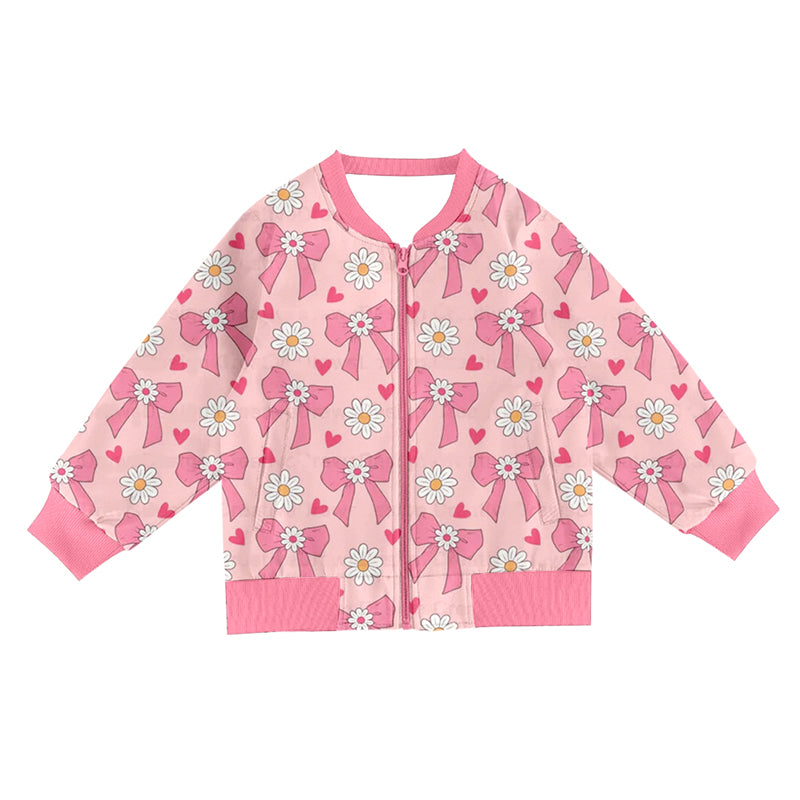 ( Moq 5 ) Preorder Girls Kids Flower Pink Bows Hearts Zipper Pockets Valentine's Day Cardigan Tops