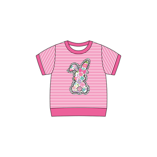 ( Moq 5 ) Preorder Girls Kids Short Sleeves Flower Rabbit Stripes Easter Pink Shirt Tops