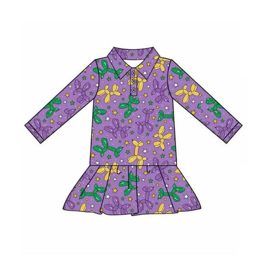 ( Moq 5 ) Preorder Girls Kids Purple Long Sleeves Balloons Mardi Gras Buttons Shirt Tops