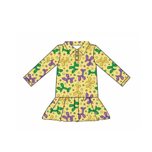 ( Moq 5 ) Preorder Girls Kids Yellow Long Sleeves Balloons Mardi Gras Buttons Shirt Tops