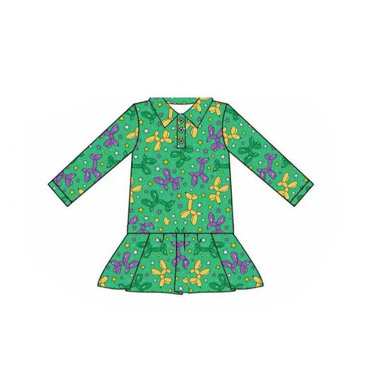 ( Moq 5 ) Preorder Girls Kids Green Long Sleeves Balloons Mardi Gras Buttons Tops