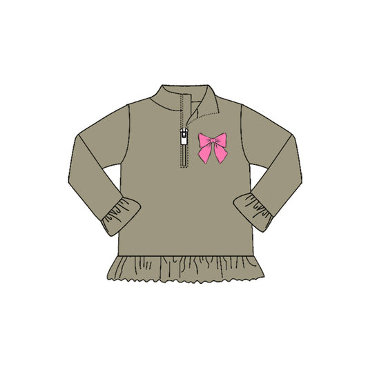( Moq 5 ) Preorder Girls Kids Green Long Sleeves Bow Zipper Shirt