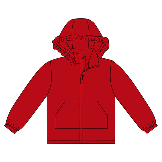 ( Moq 5 ) Preorder Girls Kids Red Long Sleeve Pockets Zipper Hoodie Cardigan Tops