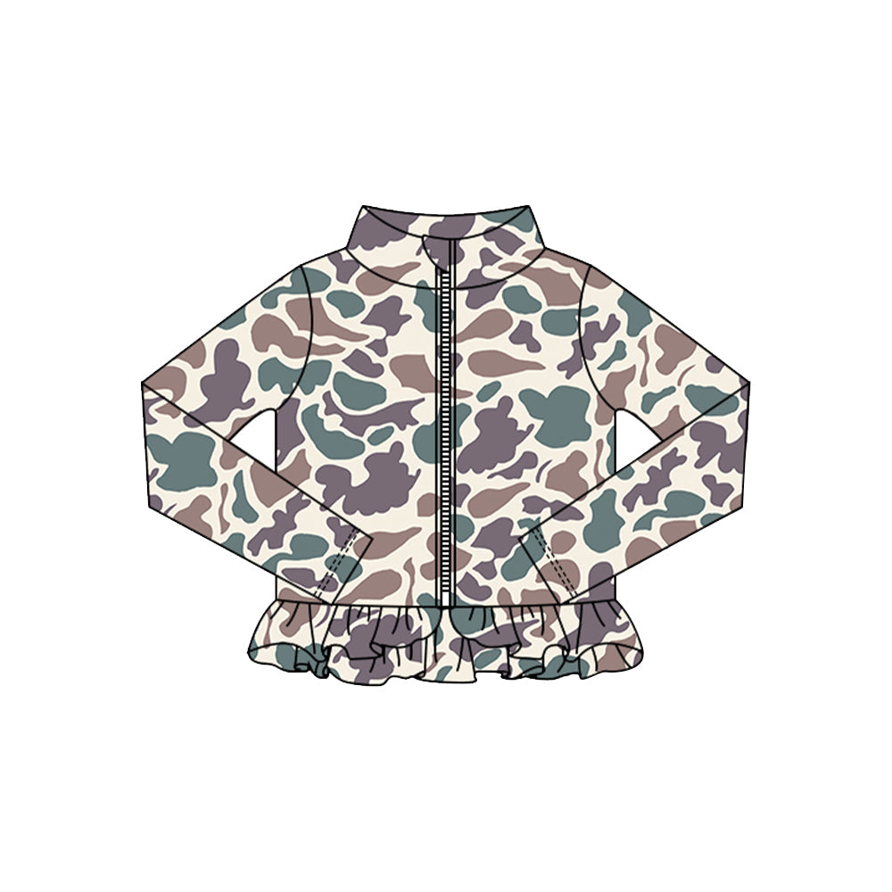 ( Moq 5 ) Preorder Baby Girls Long Sleeves Camo Zipper Ruffle Cardigan Shirt Tops