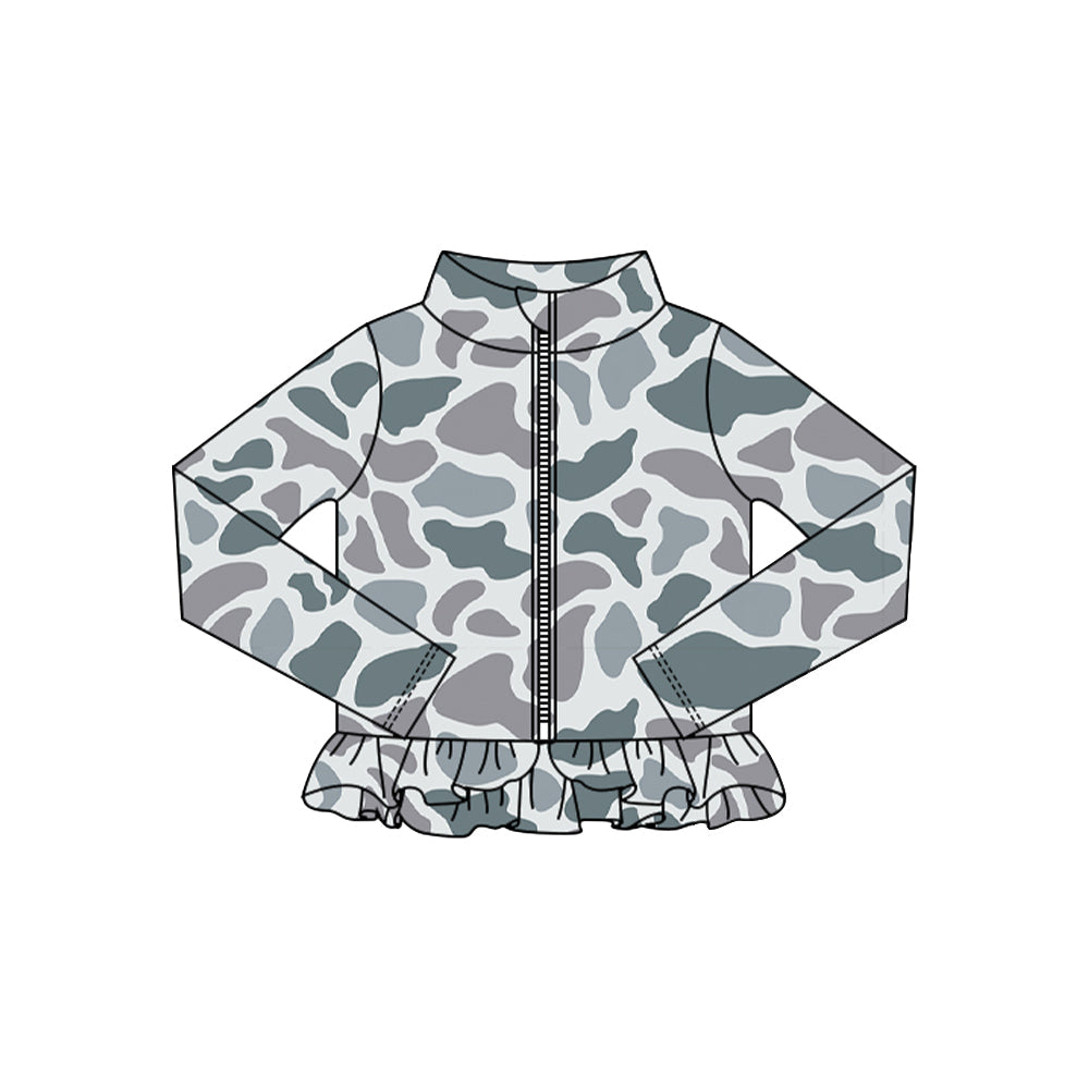 ( Moq 5 ) Preorder Baby Girls Grey Camo Long Sleeves Zipper Ruffle Cardigan Shirt Tops