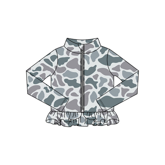 ( Moq 5 ) Preorder Baby Girls Grey Camo Long Sleeves Zipper Ruffle Cardigan Shirt Tops
