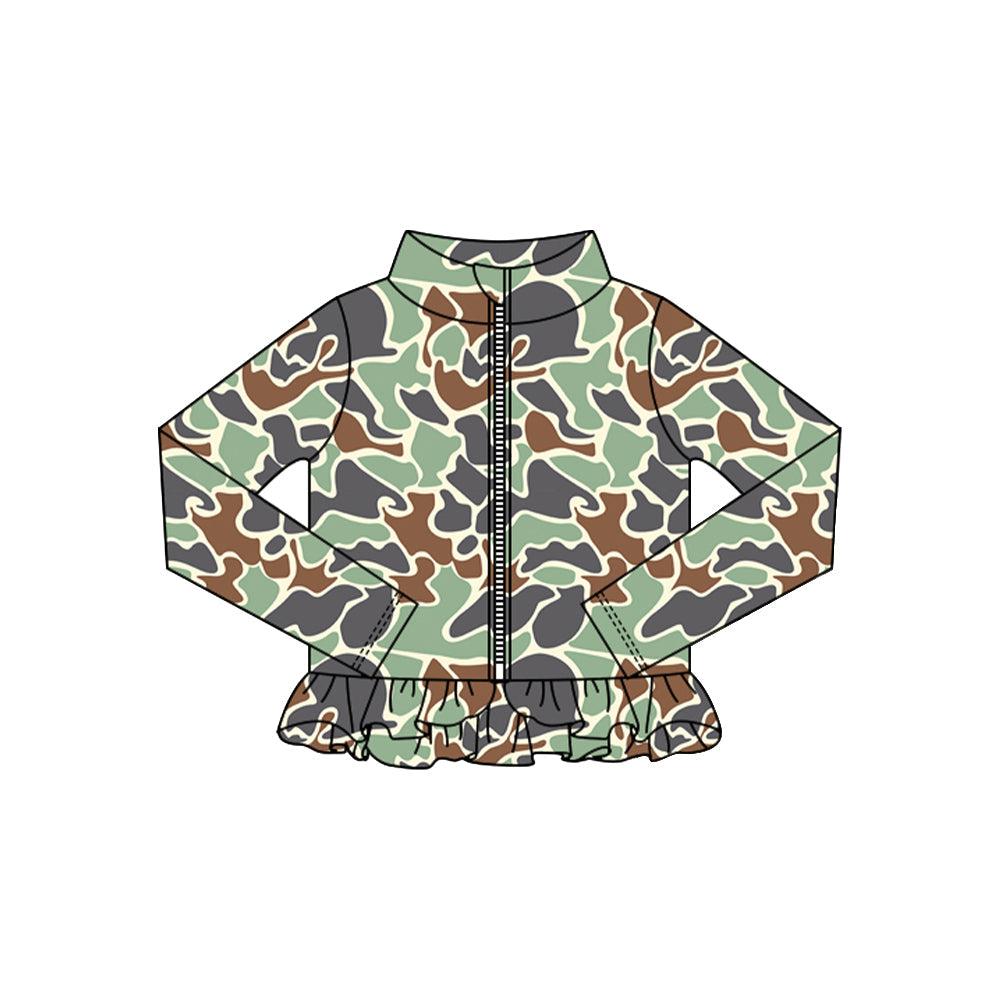 ( Moq 5 ) Preorder Baby Girls Green Camo Long Sleeves Zipper Ruffle Cardigan Shirt Tops