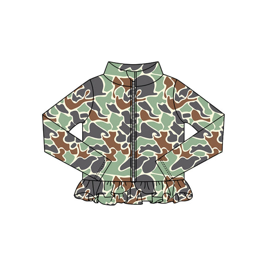 ( Moq 5 ) Preorder Baby Girls Green Camo Long Sleeves Zipper Ruffle Cardigan Shirt Tops