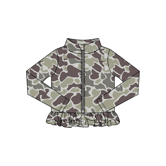 ( Moq 5 ) Preorder Baby Girls Dark Grey Camo Long Sleeves Zipper Ruffle Cardigan Shirt Tops