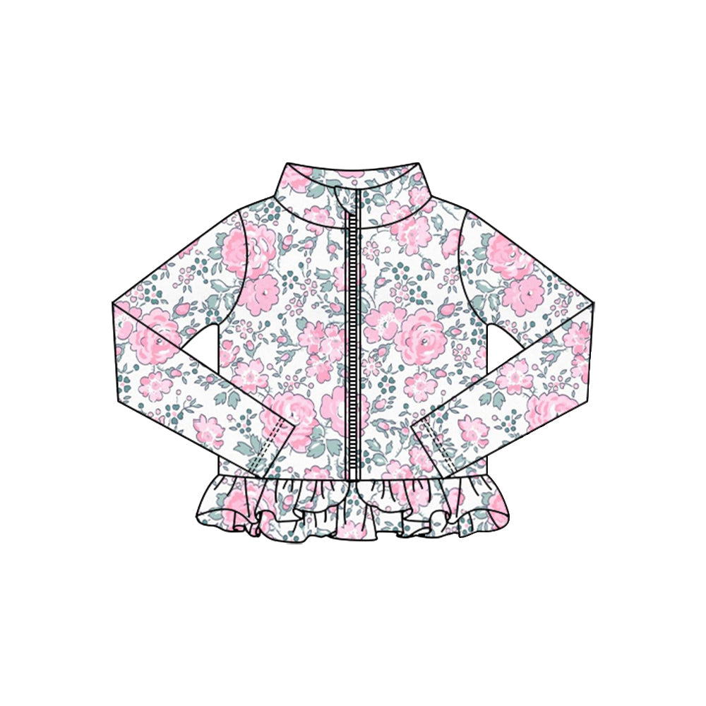 ( Moq 5 ) Preorder Baby Girls Pink Flower Zipper Ruffle Cardigan Yoga Active Tops