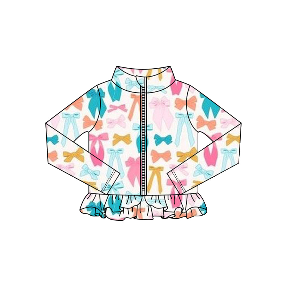 ( Moq 5 ) Preorder Baby Girls Colorful Bows Zipper Ruffle Cardigan Yoga Active Tops