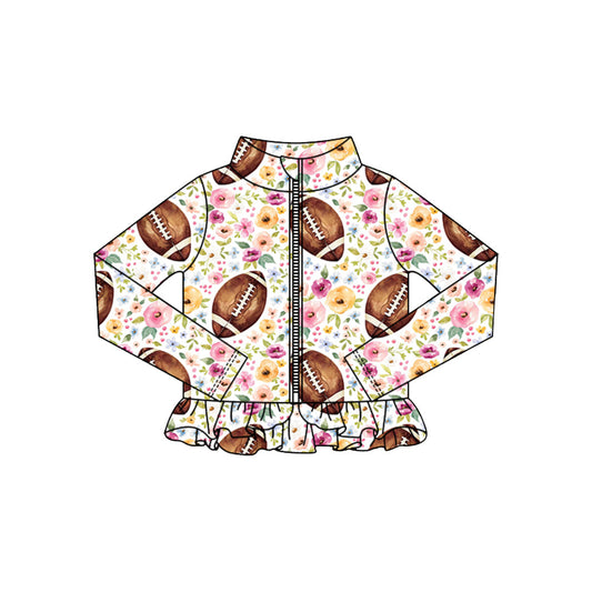 ( Moq 5 ) Preorder Baby Girls Football Flower Zipper Ruffle Cardigan Yoga Active Tops