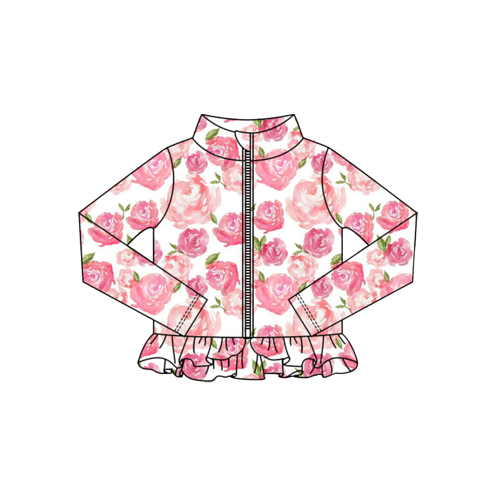 ( Moq 5 ) Preorder Baby Girls Long Sleeves Pink Flower Zipper Ruffle Cardigan Yoga Active Tops