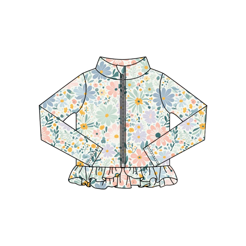 ( Moq 5 ) Preorder Baby Girls Green Flower Zipper Ruffle Cardigan Yoga Active Tops