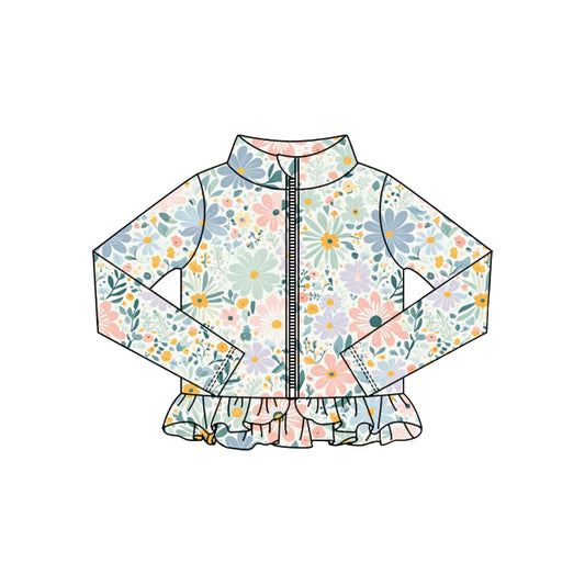( Moq 5 ) Preorder Baby Girls Green Flower Zipper Ruffle Cardigan Yoga Active Tops