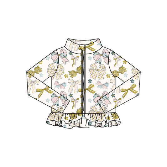 ( Moq 5 ) Preorder Baby Girls Bows Flower Zipper Ruffle Cardigan Yoga Active Tops