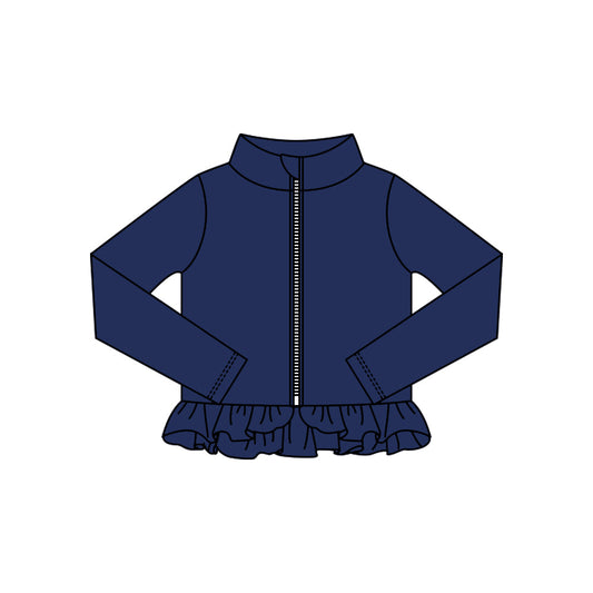 ( Moq 5 ) Preorder Baby Kids Girls Navy Long Sleeves Zipper Yoga Active Ruffles Cardigan Tops