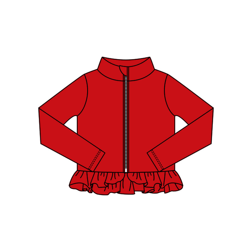 ( Moq 5 ) Preorder Baby Kids Girls Red Long Sleeves Zipper Yoga Active Ruffles Cardigan Tops