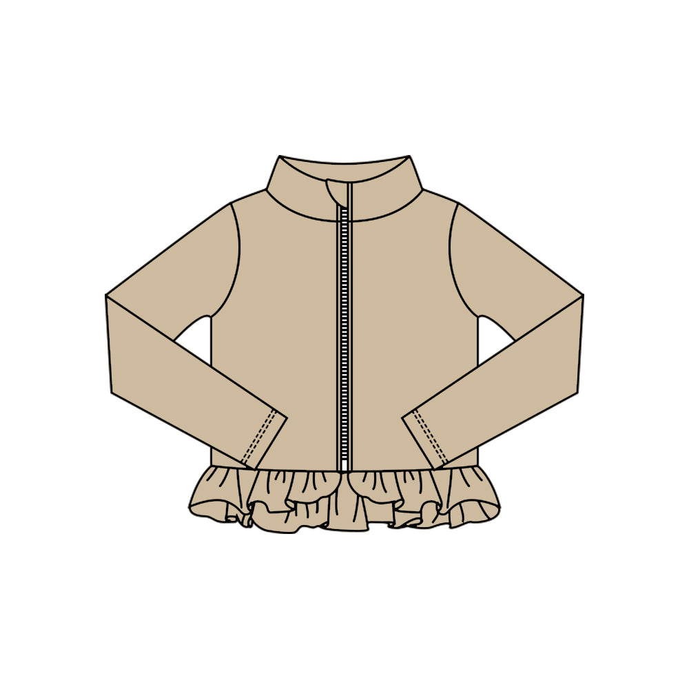 ( Moq 5 ) Preorder Baby Kids Girls Khaki Long Sleeves Zipper Yoga Active Ruffles Cardigan Tops