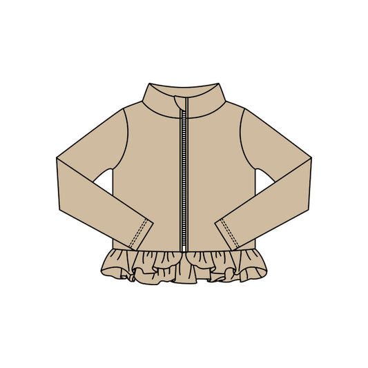 ( Moq 5 ) Preorder Baby Kids Girls Khaki Long Sleeves Zipper Yoga Active Ruffles Cardigan Tops