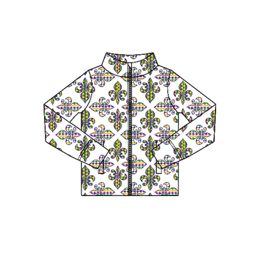 ( Moq 5 ) Preorder Baby Girls Long Sleeves Plaid Anchors Mardi Gras Zipper Pockets Yoga Tops