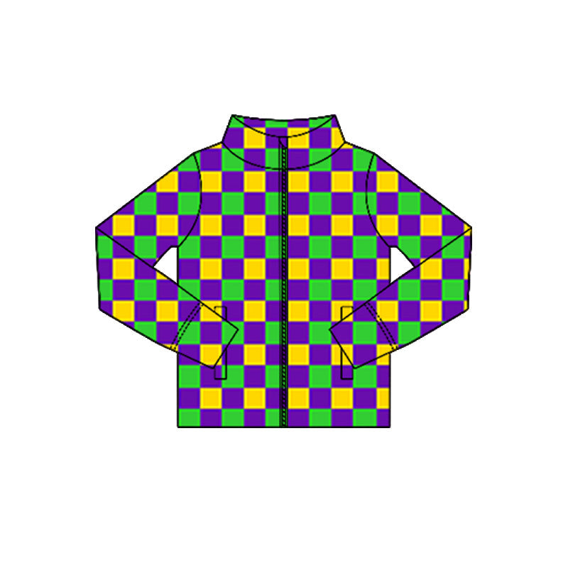 ( Moq 5 ) Preorder Baby Girls Long Sleeves Checked Mardi Gras Zipper Pockets Yoga Tops