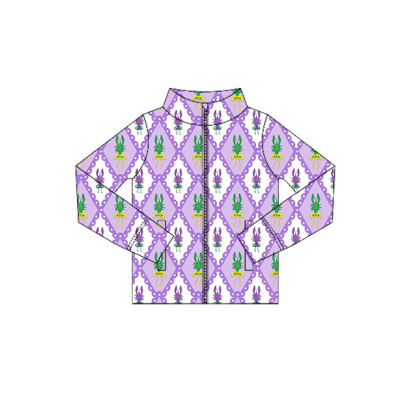 ( Moq 5 ) Preorder Baby Girls Long Sleeves Crawfish Mardi Gras Zipper Pockets Yoga Tops