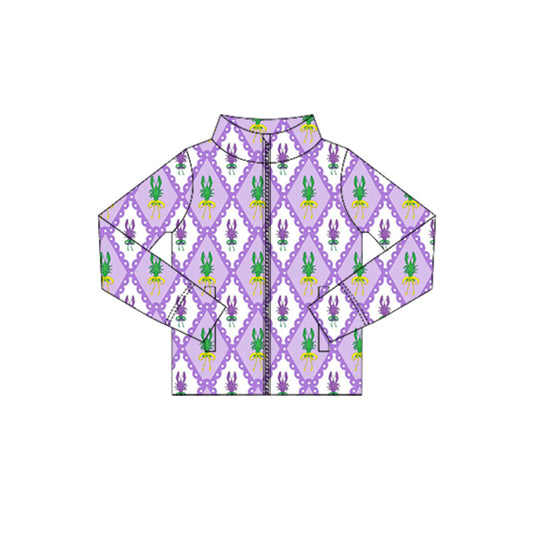 ( Moq 5 ) Preorder Baby Girls Long Sleeves Crawfish Mardi Gras Zipper Pockets Yoga Tops