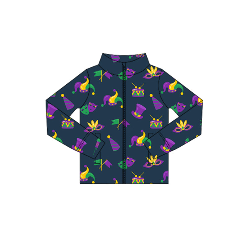 ( Moq 5 ) Preorder Baby Girls Long Sleeves Masks Anchors Mardi Gras Pockets Yoga Zipper Tops