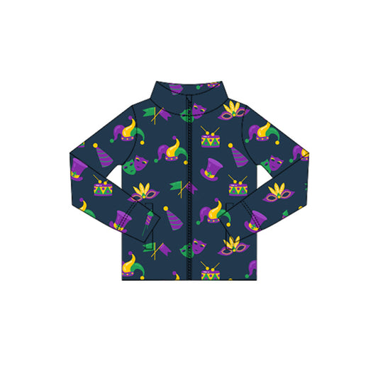 ( Moq 5 ) Preorder Baby Girls Long Sleeves Masks Anchors Mardi Gras Pockets Yoga Zipper Tops