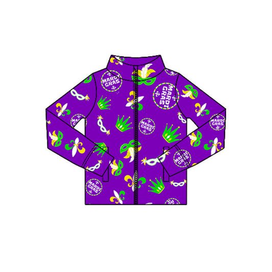 ( Moq 5 ) Preorder Baby Girls Long Sleeves Masks Anchors Mardi Gras Zipper Pockets Yoga Tops