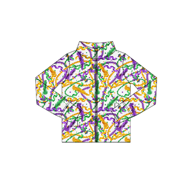 ( Moq 5 ) Preorder Baby Girls Long Sleeves Mardi Gras Zipper Pockets Yoga Active Tops