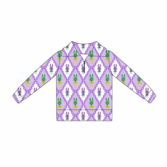 ( Moq 5 ) Preorder Baby Girls Long Sleeves Plaid Crawfish Mardi Gras Zipper Pullover Tops