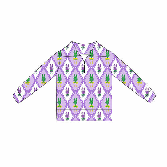 ( Moq 5 ) Preorder Baby Girls Long Sleeves Plaid Crawfish Mardi Gras Zipper Pullover Tops