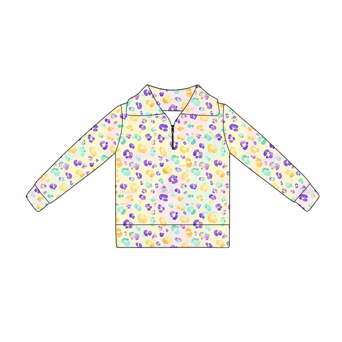 ( Moq 5 ) Preorder Baby Girls Long Sleeves Leopard Mardi Gras Zipper Pullover Tops