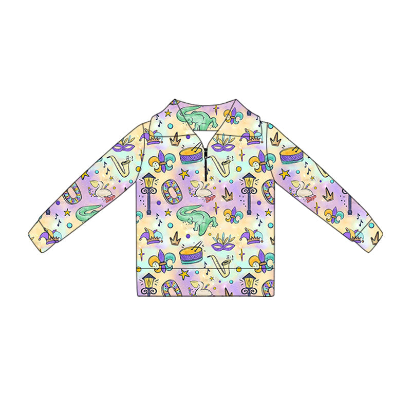 ( Moq 5 ) Preorder Baby Girls Long Sleeves Anchors Masks Mardi Gras Zipper Pullover Tops