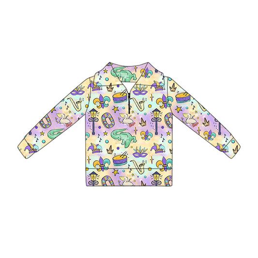 ( Moq 5 ) Preorder Baby Girls Long Sleeves Anchors Masks Mardi Gras Zipper Pullover Tops