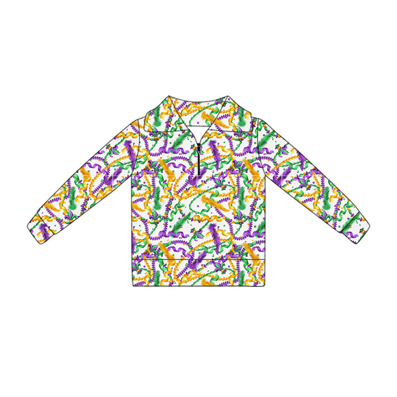 ( Moq 5 ) Preorder Baby Girls Long Sleeves Mardi Gras Zipper Pullover Tops