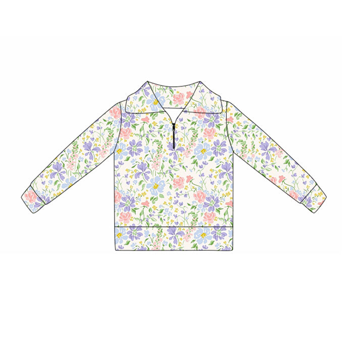 ( Moq 5 ) Preorder Baby Girls Long Sleeves Flower Yoga Active Zipper Pullover Shirt