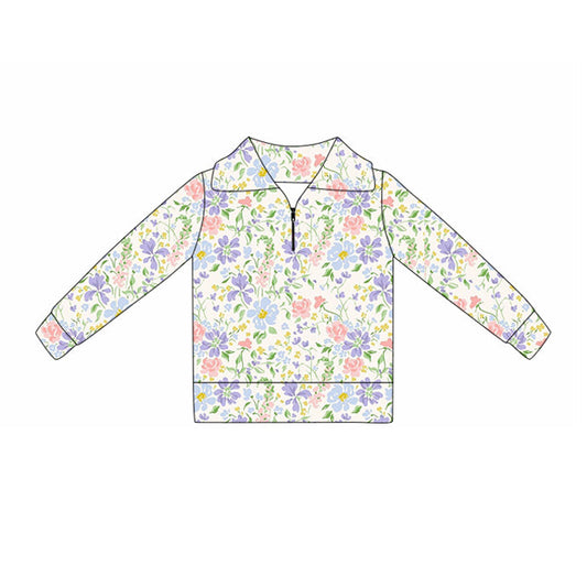 ( Moq 5 ) Preorder Baby Girls Long Sleeves Flower Yoga Active Zipper Pullover Shirt