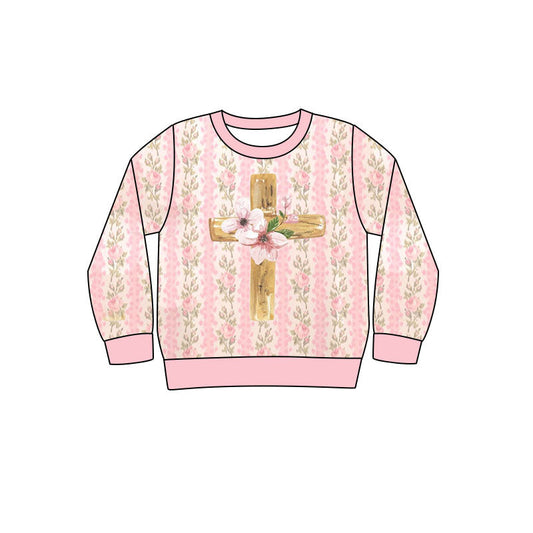 ( Moq 5 ) Preorder Baby Girls Long Sleeves Cross Flower Easter Pink Shirt