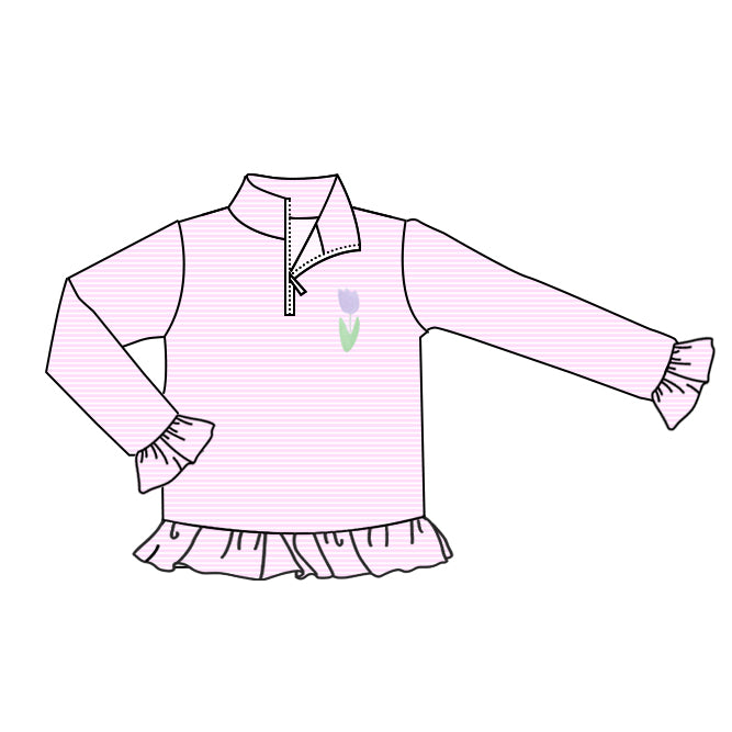 ( Moq 5 ) Preorder Baby Girls Long Sleeves Stripes Flower Zipper Ruffle Pullover Shirt Tops