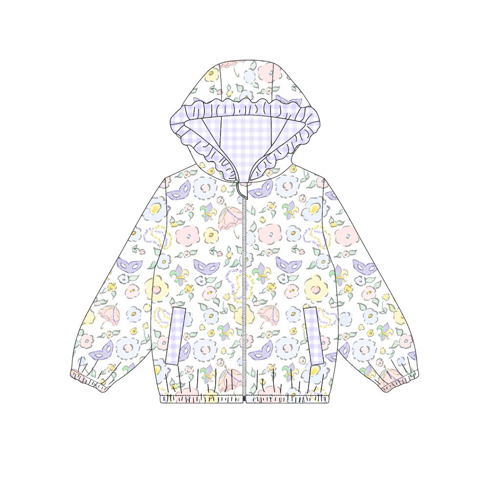 ( Moq 5 ) Preorder Baby Girls Flower Masks Pockets Hoodie Mardi Gras Zipper Coat Jacket Tops
