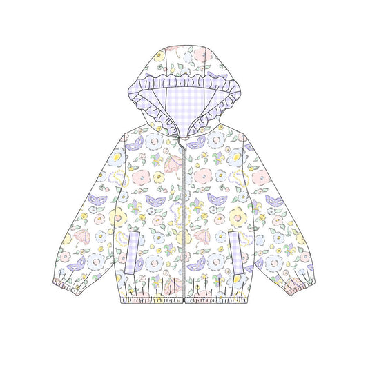 ( Moq 5 ) Preorder Baby Girls Flower Masks Pockets Hoodie Mardi Gras Zipper Coat Jacket Tops